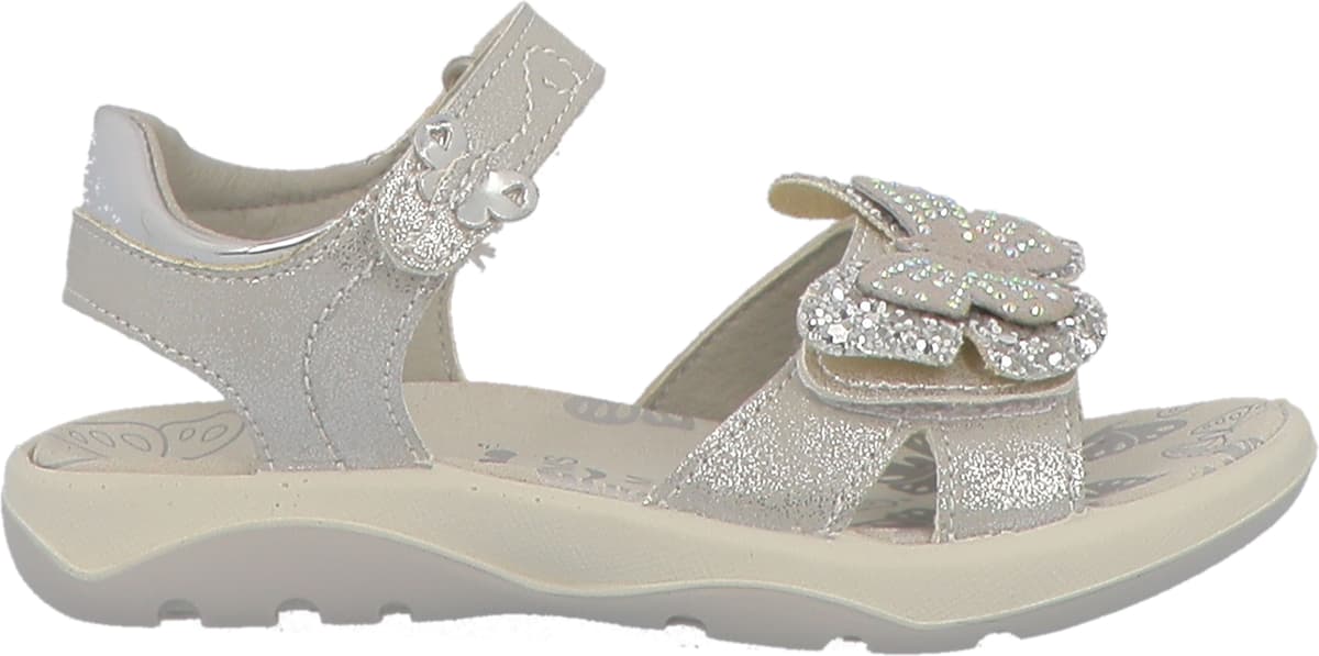 Sandale LURCHI "Farfalla", Mädchen, Gr. 27, Synthetik, silber (silberfarben), Lederimitat, Glitzer, glänzend, festlich, Schuhe Sandale, Klettschuh mit Strasssteinen, Grössenschablone zum Download silberfarben 27, Synthetik