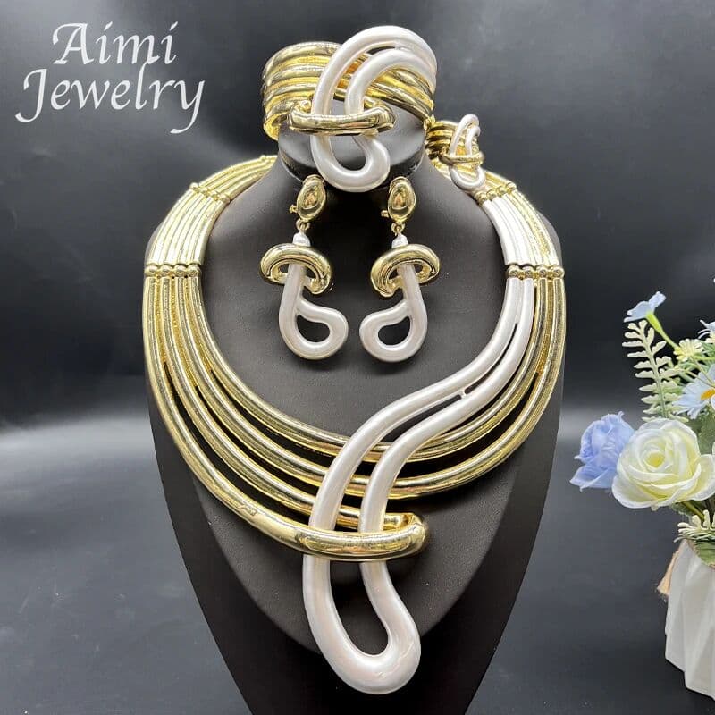 HIPUNK Exquisite 18K Gold Plated 4Pcs Jewelry Set for Women Big Size Necklace Earring Bracelet Ring African Bridal Wedding Party Gifts