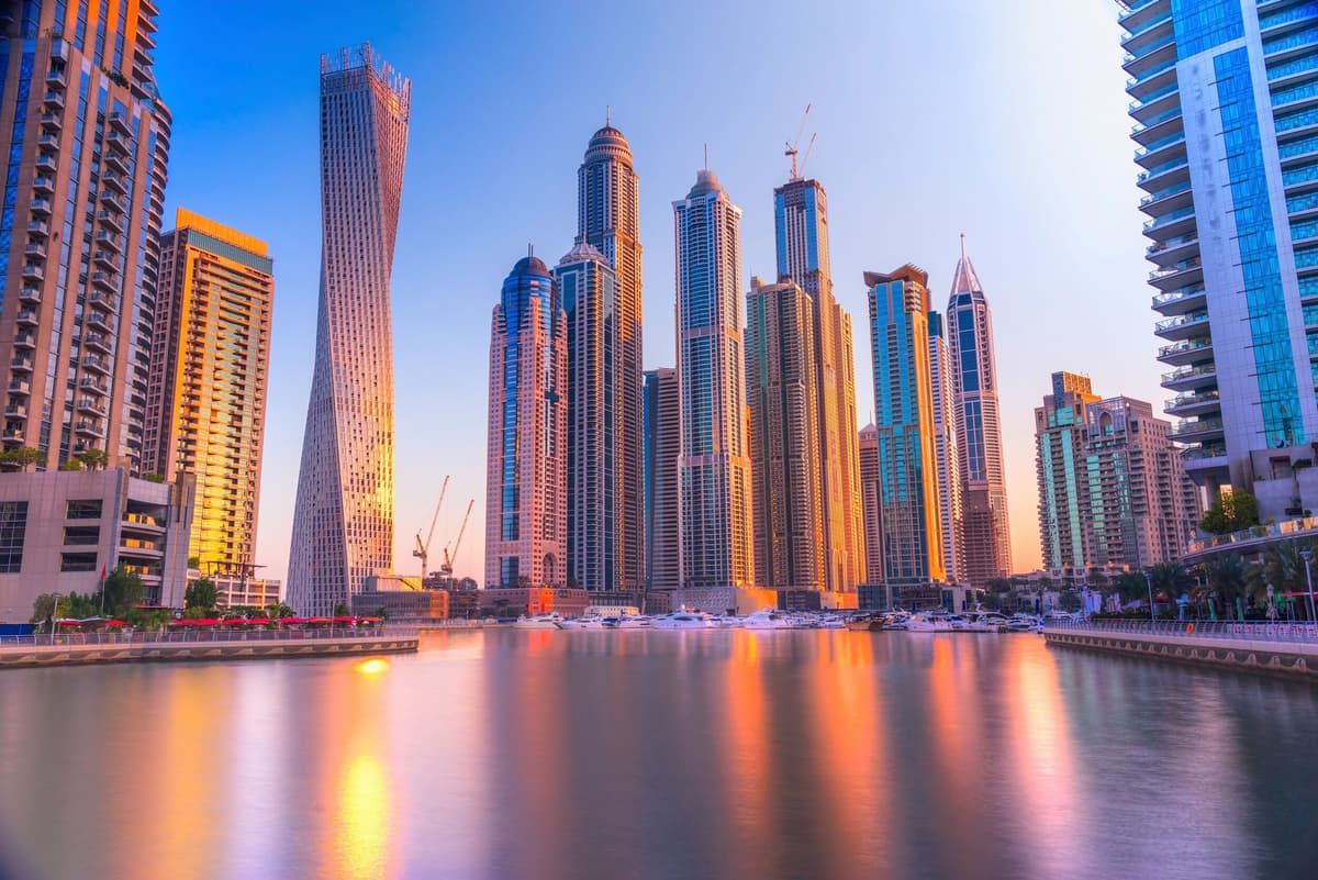 Fototapete PAPERMOON "DUBAI SKYLINE-MARINA EMIRAT CAYAN TOWER MEER KHALIFA", bunt, B:2m L:1,49m, Vlies, Tapeten, Fototapete bunt B/L: 2m x 1,49m, Bahnen: 4 Stk.