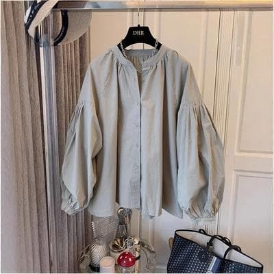 Uplift Picks Womens Stand Collar Lantern Sleeve Shirt Korean Chic Oversized Button Up Blouse gray l
