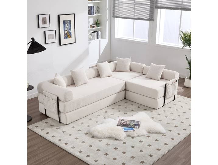 Canapé familial modulaire LVHOM en velours côtelé beige, emballé sous vide avec rangement, multifonctionnel, adapté aux animaux domestiques, pour le salon.