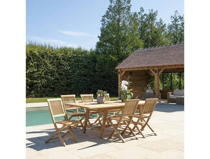 Salon de jardin teck brut table pieds tréteaux 180/240 + 6 chaises bord droit SUMMER