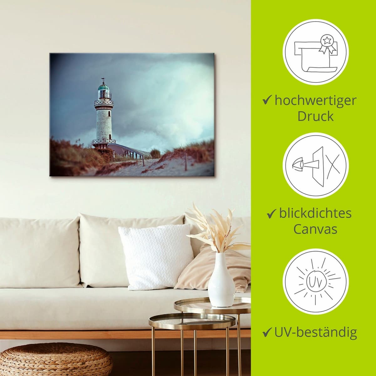 Leinwandbild ARTLAND "Der Warnemünder Leuchtturm", grau (farbe bild(er): grau), B:80cm H:60cm, Bilder, Leinwandbild, auf Holzrahmen gespannt farbe bild(er): grau B/H/T: 80cm x 60cm, Leinwandbild Gebäude Querformat, 1 Stk.