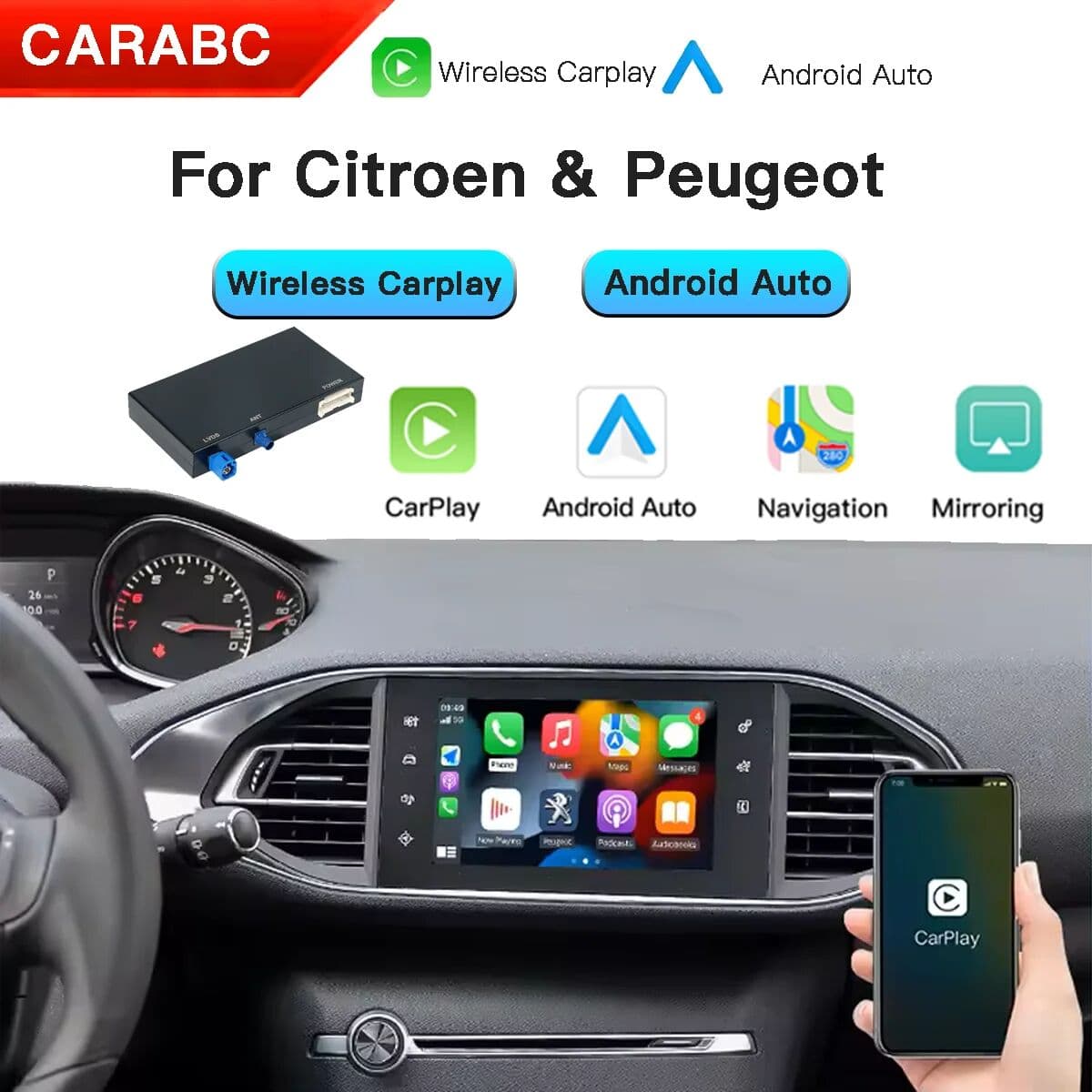 CARABC Wireless Carplay adapter For Peugeot Citroen Android Auto module SMEG 208 308 508 3008 & C4 DS3 DS5 Support OEM Reverse Camera