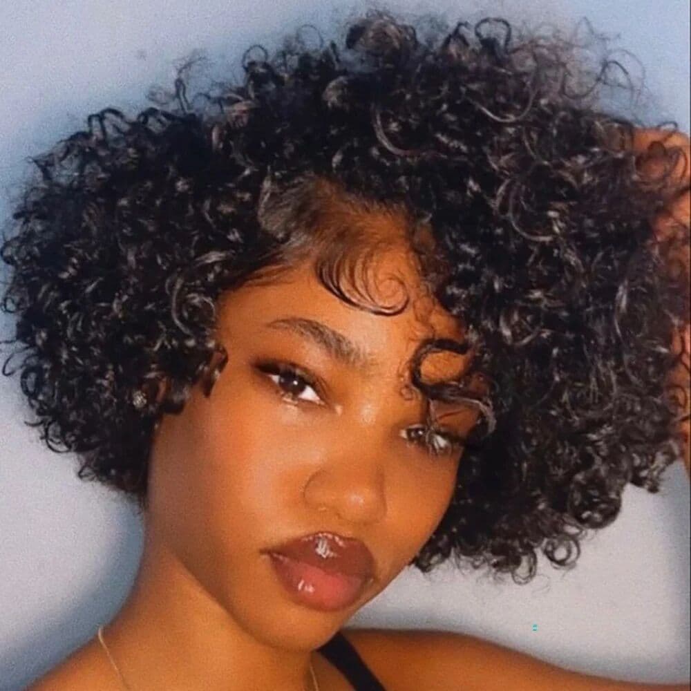 OYM HAIR Short Pixie Cut Wig Wet and Wavy Curly Wigs Brazilian Human Hair Full Machine Made Wig with Bangs for Women Water Wave Short Wig
