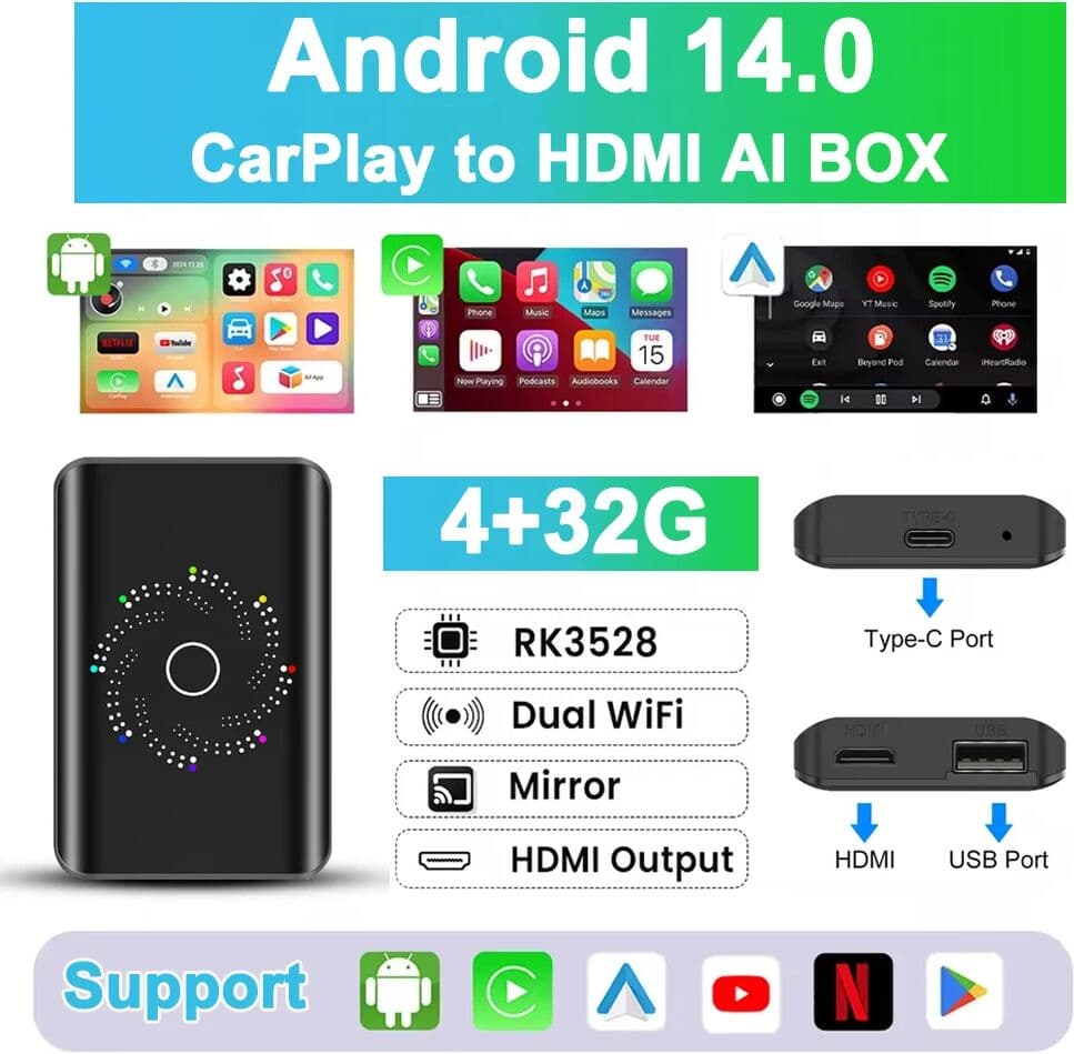 ANYFAR 4G 32G Car Ai Box Wireless CarPlay Android Auto Adapter Android TV Box on Youtube Nexflit Car Intelligent System