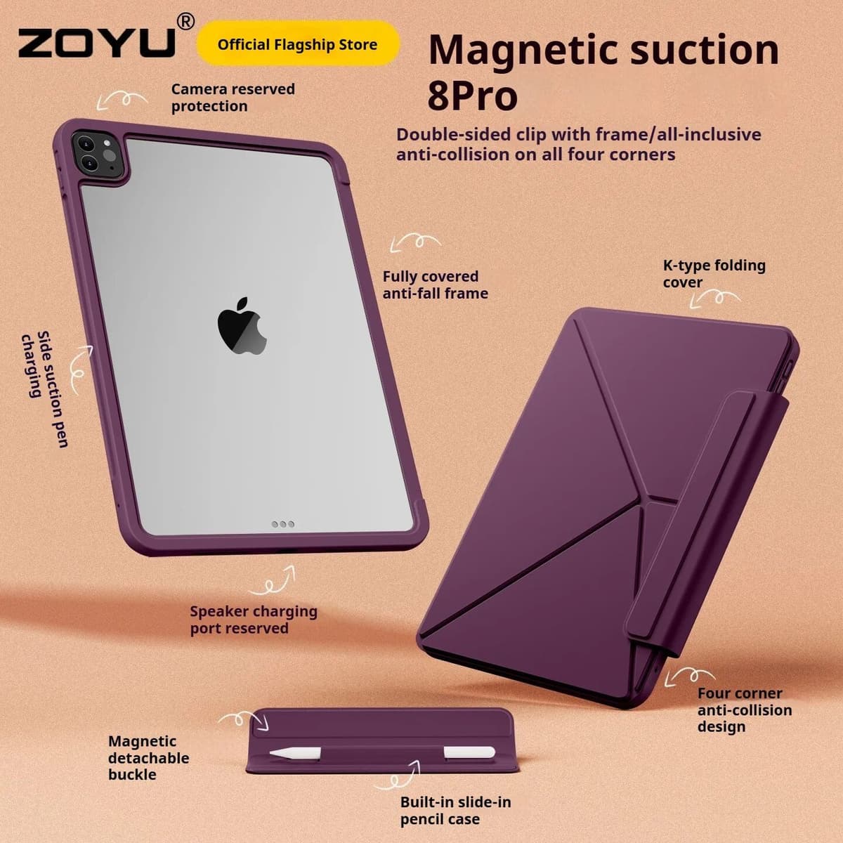 ZOYU for iPad 10/11th Bracket Magnetic Suction Disassembly Pen Case, iPad Pro 11 12.9 Air 4/5th 11/13 K-fold Rotating Case