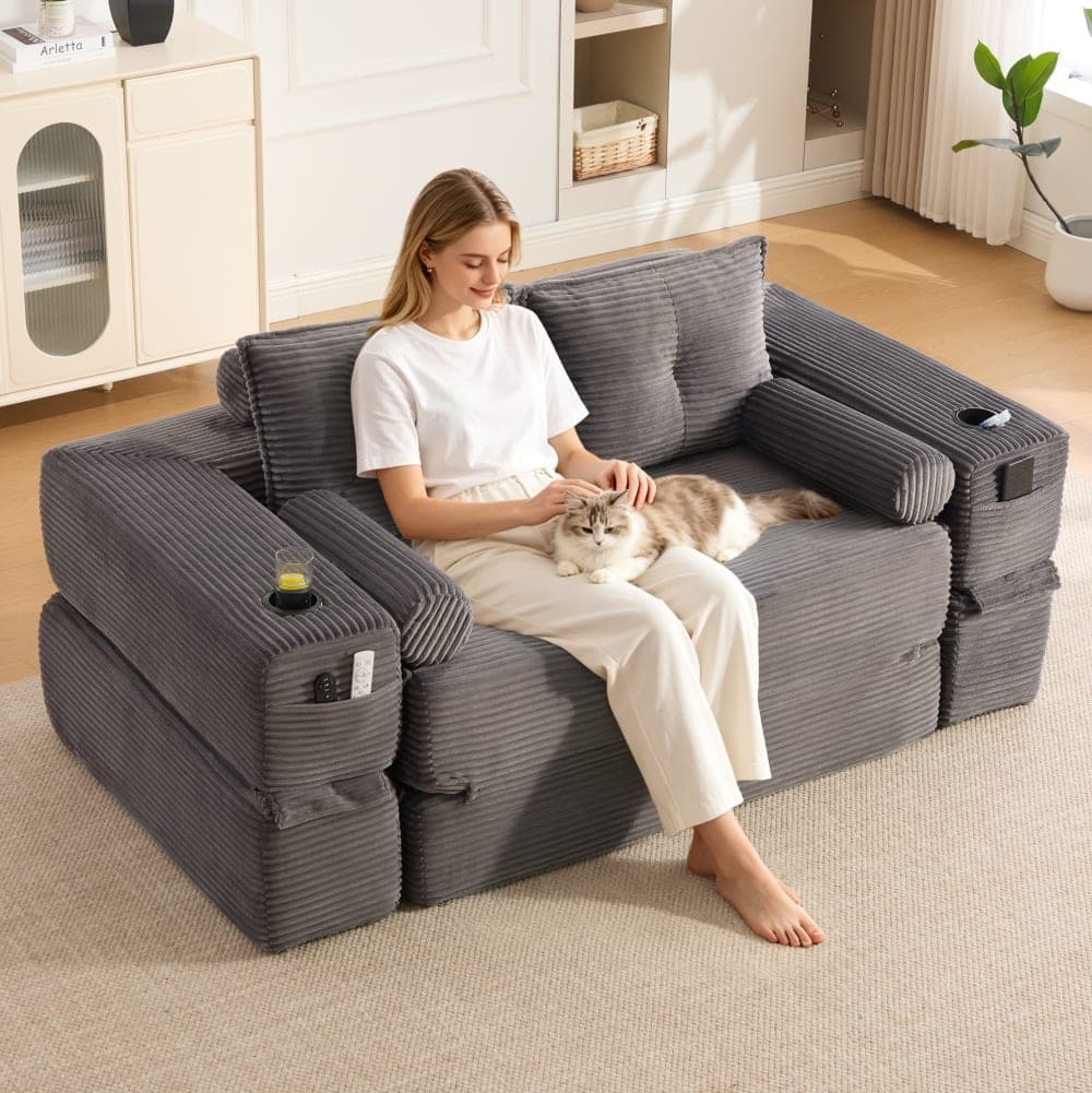 OKWISH Sofá gris oscuro de pana plegable 180x98x80 cm