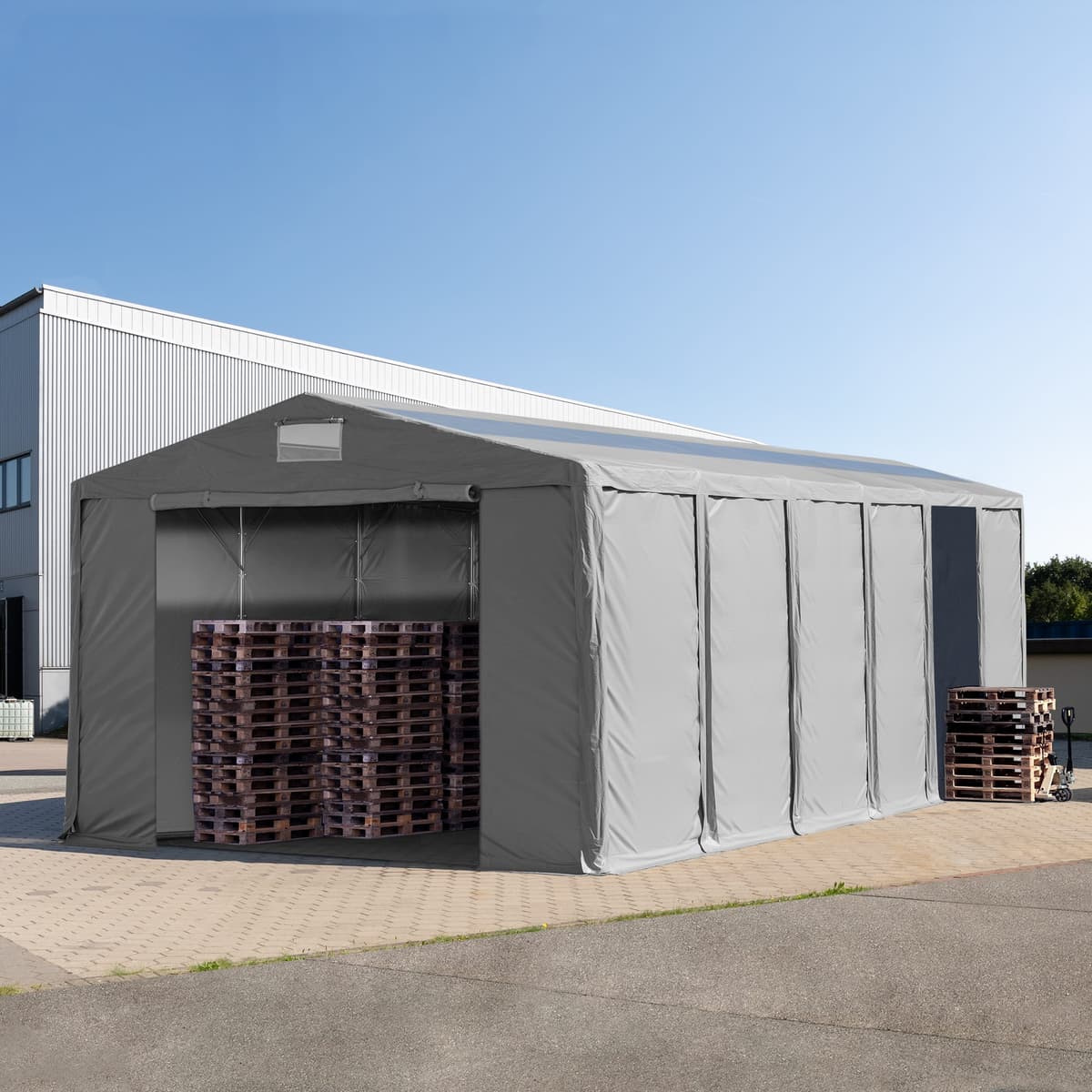 TOOLPORT Ipari sátor, 8x12m, PVC ponyva, szürke, padlókerettel, statikai megerősítés nélkül - (79848)