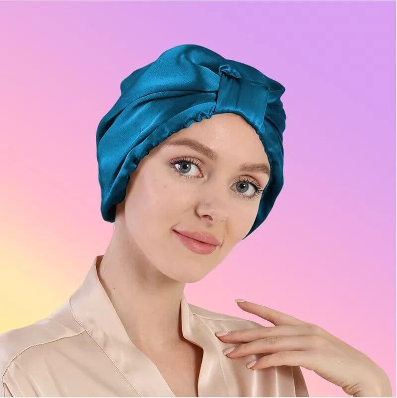 INF Bonnet de nuit 100 % soie pour le soin des cheveux Bleu