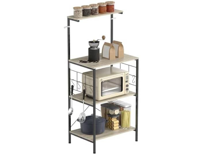 HOMCOM Étagère de Cuisine Support Micro-Ondes 60 x 42 x 134\,5 cm Chêne Étagère de Rangement\, Panneau Grillagé\, 8 Crochets\, Station Bar à Café\, pour Épices Casseroles Poêles