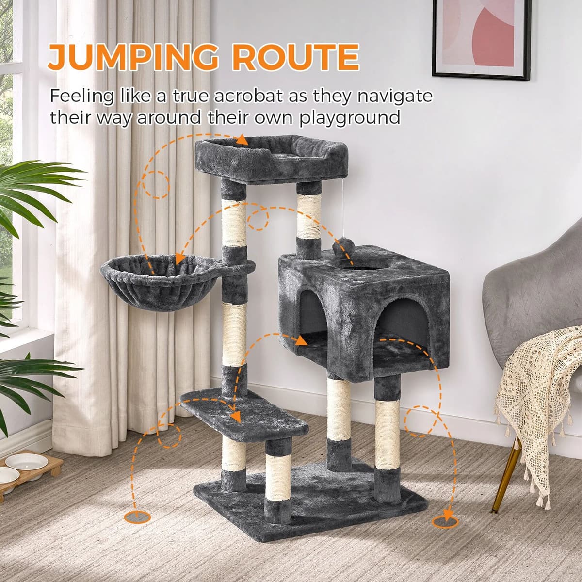 Dogat Cat Tree 98cm Multi-Level Cat Tower with Sisal Scratching Posts, Cat Condo, Hammock & Top Perch, Sturdy Activity Centre for Kittens & Large Cats, Dark Grey
