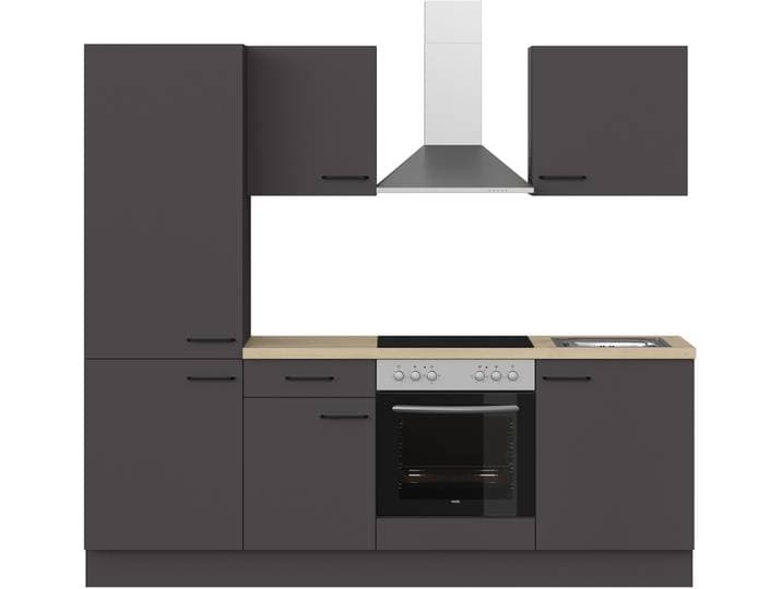 Küchenzeile IMPULS KÜCHEN Tirana , Ausrichtung wählbar, Schubkästen mit Soft-Close , grau (küche: grau, front: grafit, korpus: grafit, arbeitsplatte: eiche, nachbildung hell), B:230cm H:206,2cm T:60cm, Komplettküchen-Sets, Küchenzeile, vormontiert, wahlweise mit E-Geräten, mit Vollauszug, Breite 230 cm