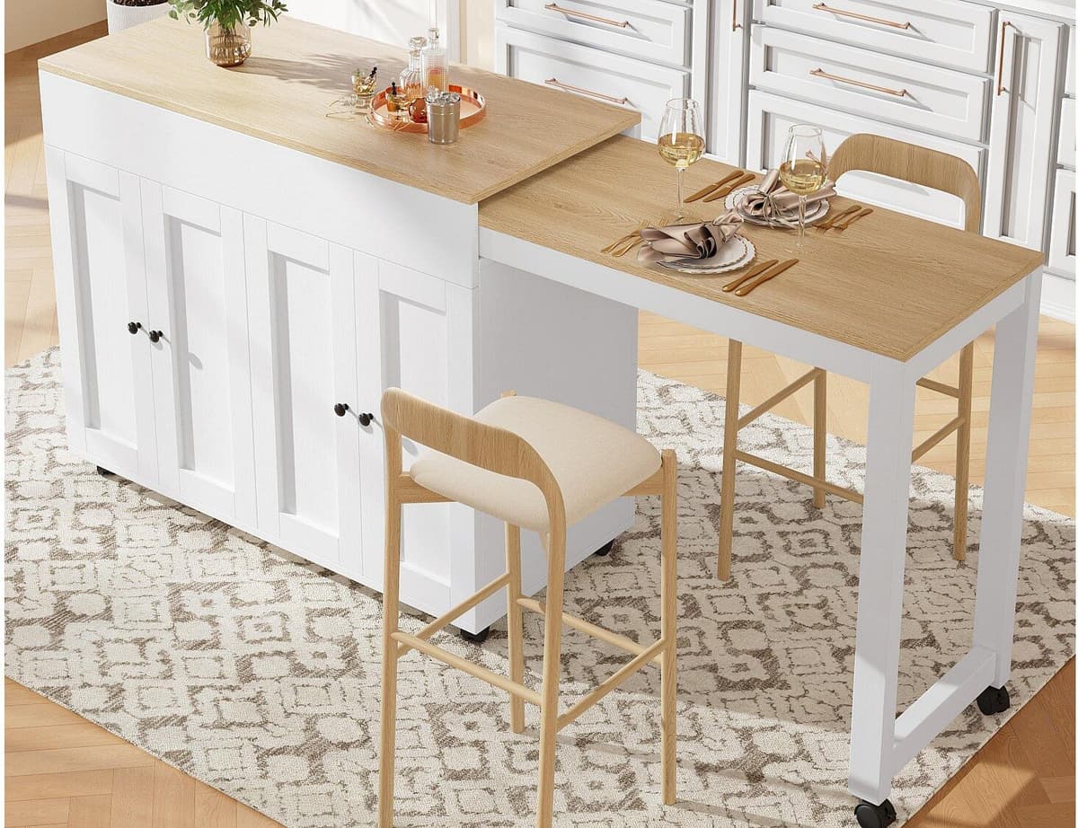 ModernLuxe Centrale keukeneiland met 4 deuren - Uitklapbaar bord - 118(180)x46x94 cm - Wit + Natuurlijk