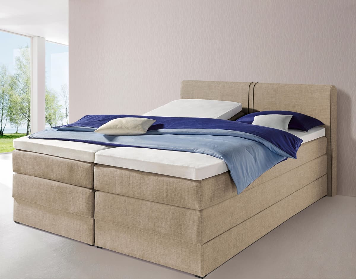 Boxspringbett HAPO, beige (beige, strukturstoff), Liegefläche B/L: 180cm x 200cm, kein Härtegrad, 7-Zonen-Kaltschaummatratze, Kopfteil, seitliche Unterbox und Obermatratze sind mit pflegeleichtem Feinstrukturstoff in Leinenoptik (100% Polyester) oder Kuns