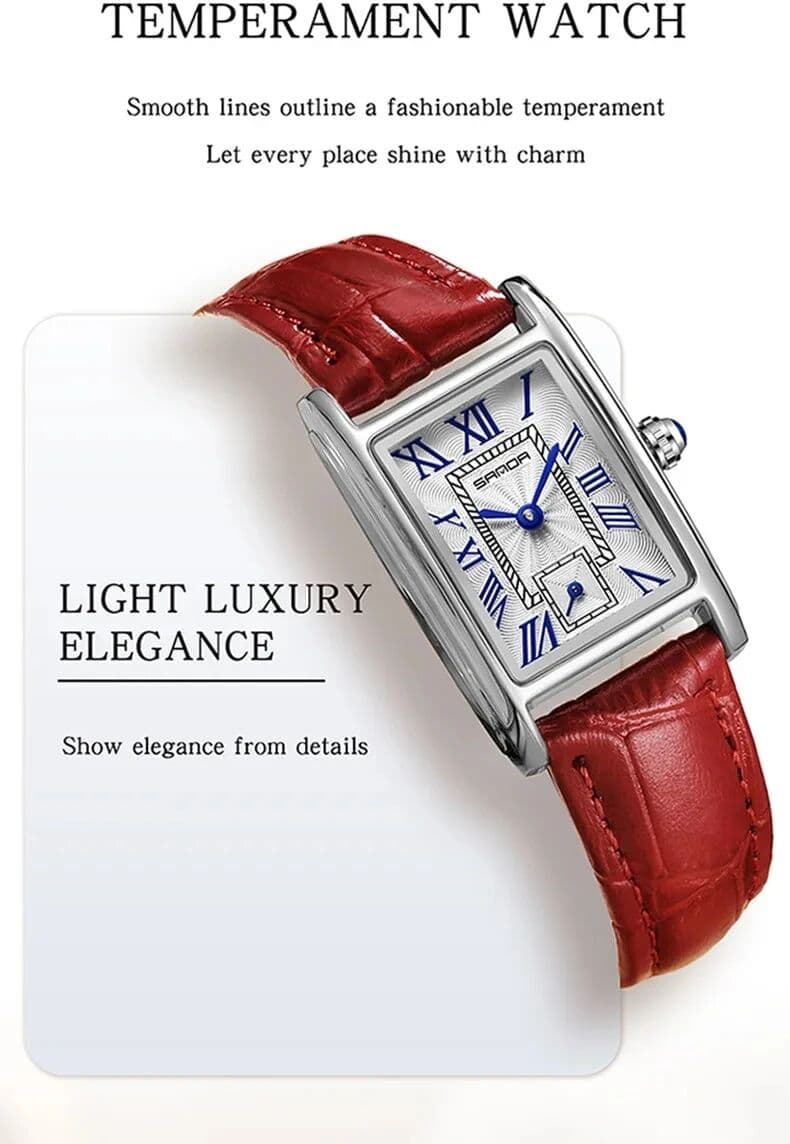 Sanda 1116 Women's Quartz Watch Red White Fashion Elegant  Rectangle Waterproof Pointer Leather  Business Ladies Wristwatches
