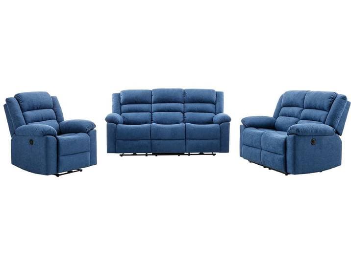 Vente-unique Elektrische driezits- en tweezits-relaxbank en -fauteuil van blauwe stoffen bekleding BUROLO