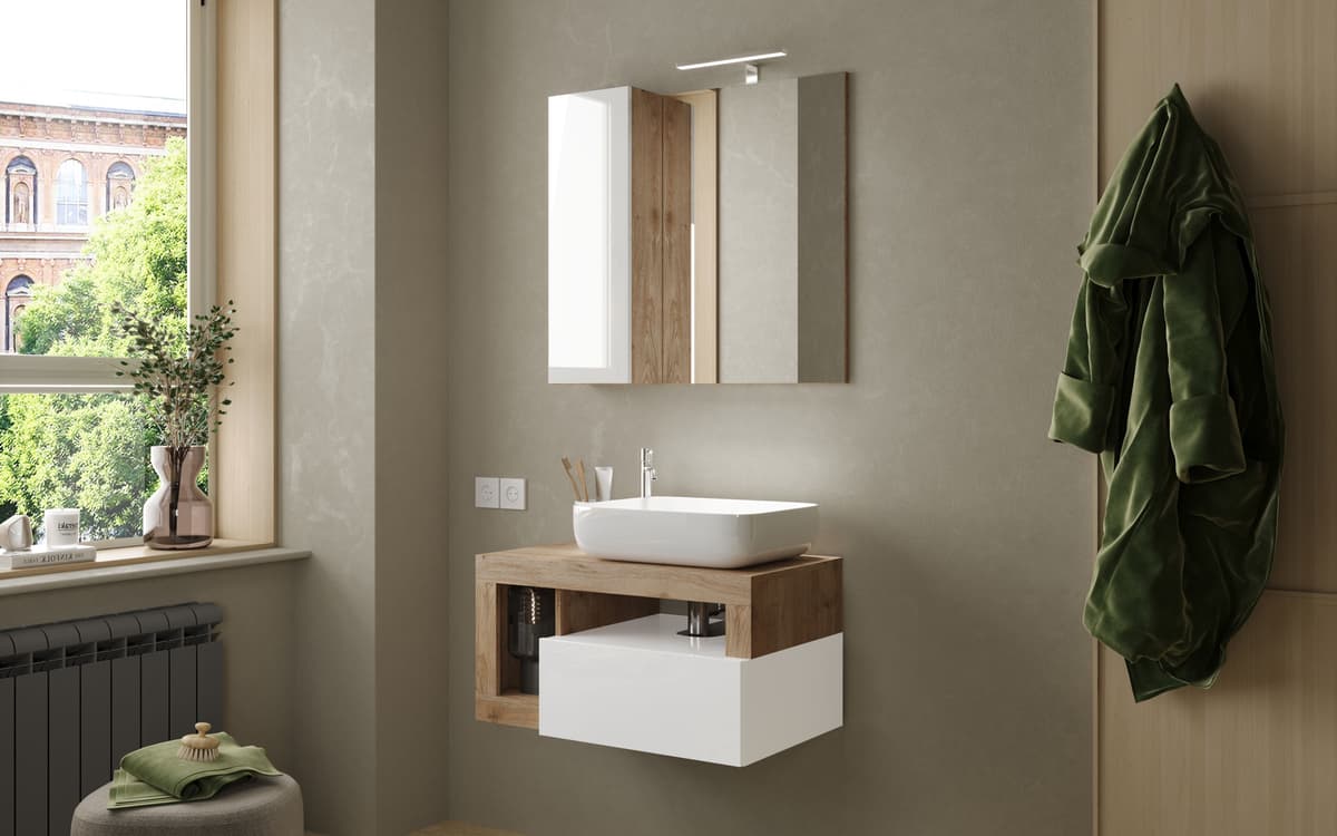 Badmöbel-Set WELLTIME "Hamburg, Badezimmerset 2tlg. Breite 79 cm, Badmöbel, Waschtisch inkl.", braun (weiß, eiche cadiz nb), B:79cm H:190cm T:49cm, Kastenmöbel-Sets, Badmöbel-Set, Waschbecken, Spiegelschrank mit LED Aufbauleuchte, Soft-Close-Funktion