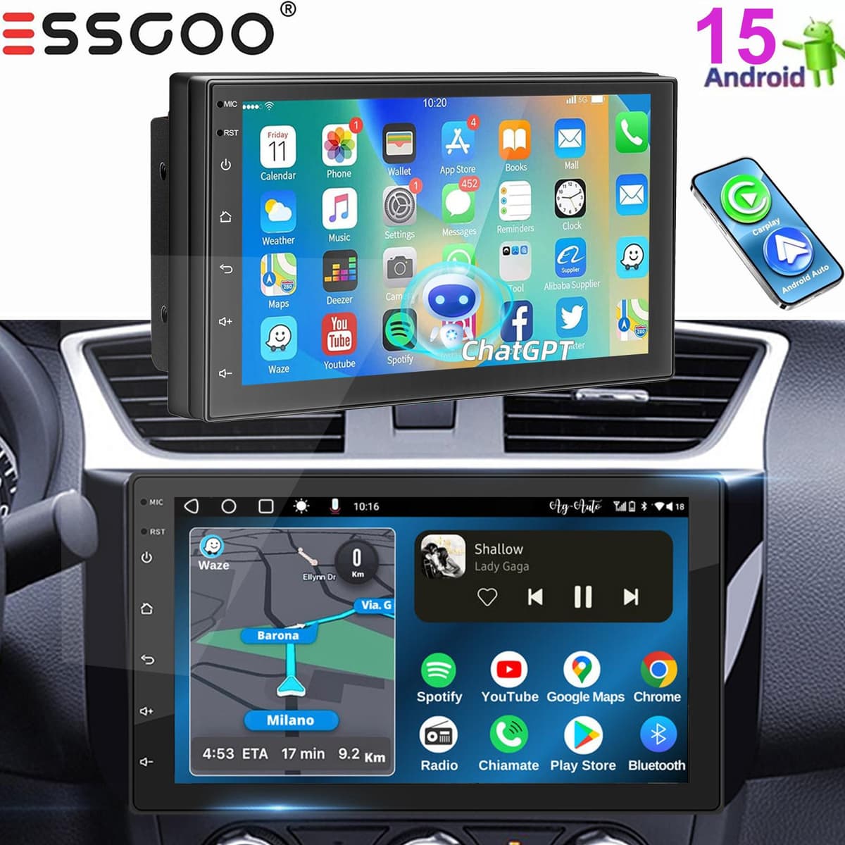 Selius Autoradio met 7 Inch IPS Touchscreen, 4+64G, Android 15, DAB, AHD, MIC en GPS Navigatie, 2 Din, Universeel