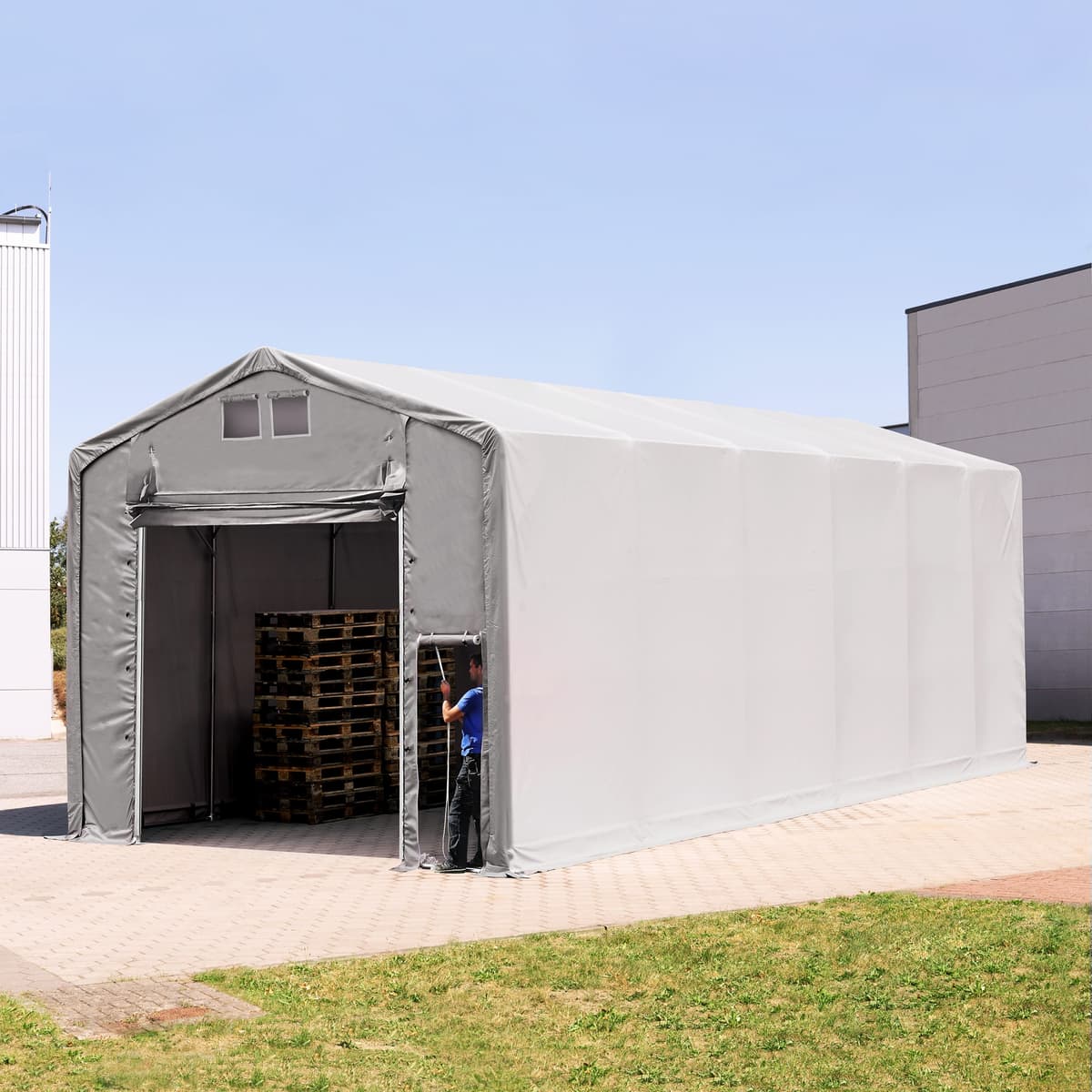 TOOLPORT Ponyva csarnok, 6x12m, PVC ponyva, szürke, statikai megerősítéssel (beton alap) - (94132)