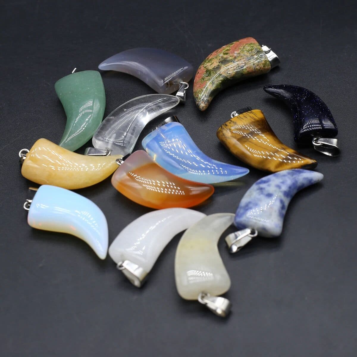 NONE 10PCS Wholesale Natural Semiprecious Stone Random Color Horn shaped Pendant Jewelry Making DIY Necklace Earrings Accessories