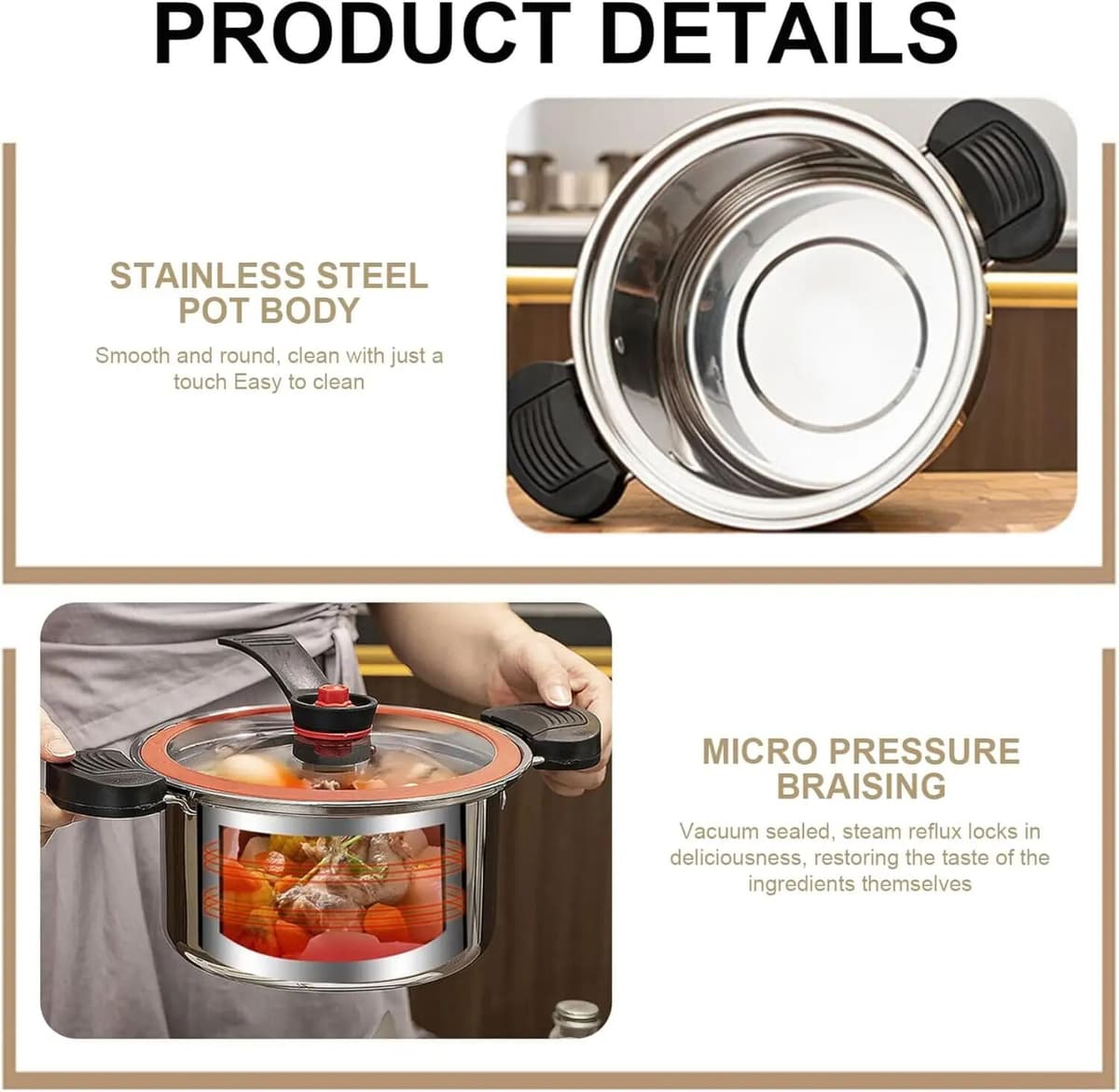 NONE 24cm 304 Stainless Steel Micro Pressure Cooker, 2-3KPA Fast Cooking Nutrient Retention, Multi-Layer Heat Conduction Base Lockable Lid Anti-Slip Heat-Resistant Handles, Large Capacity Cookware for Home