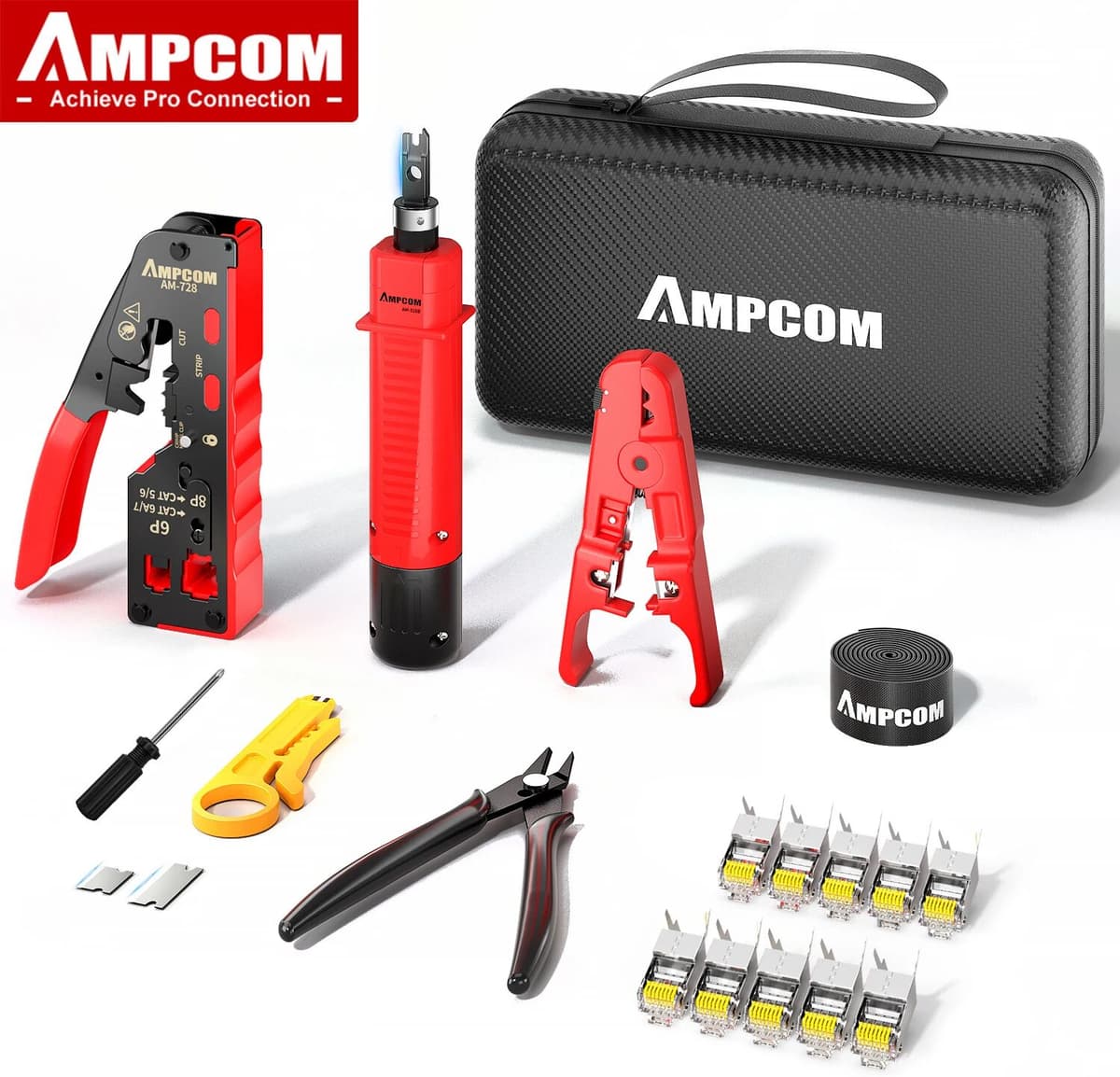 AMPCOM RJ45 Pass Through Crimping Network Tool Kit for Cat5e Cat6 Cat7 8 in 1 Portable Ethernet Cable RJ45/RJ12 Crimper Kit