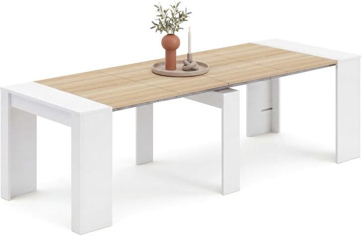 duehome Mesa consola extensible 50-235x90 cm Denis - Blanco Artik (Blanco Mate) - Roble Canadian
