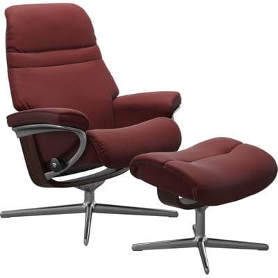 Relaxsessel STRESSLESS "Sunrise", rot (cherry paloma), B:92cm H:105cm T:80cm, Leder PALOMA: PALOMA ist ein durchgefärbtes Semianilin-Möbelleder mit natürlicher Narbung., Sessel, Relaxsessel, mit Hocker, mit Cross Base, Größe S, M & L, Holzakzent Braun