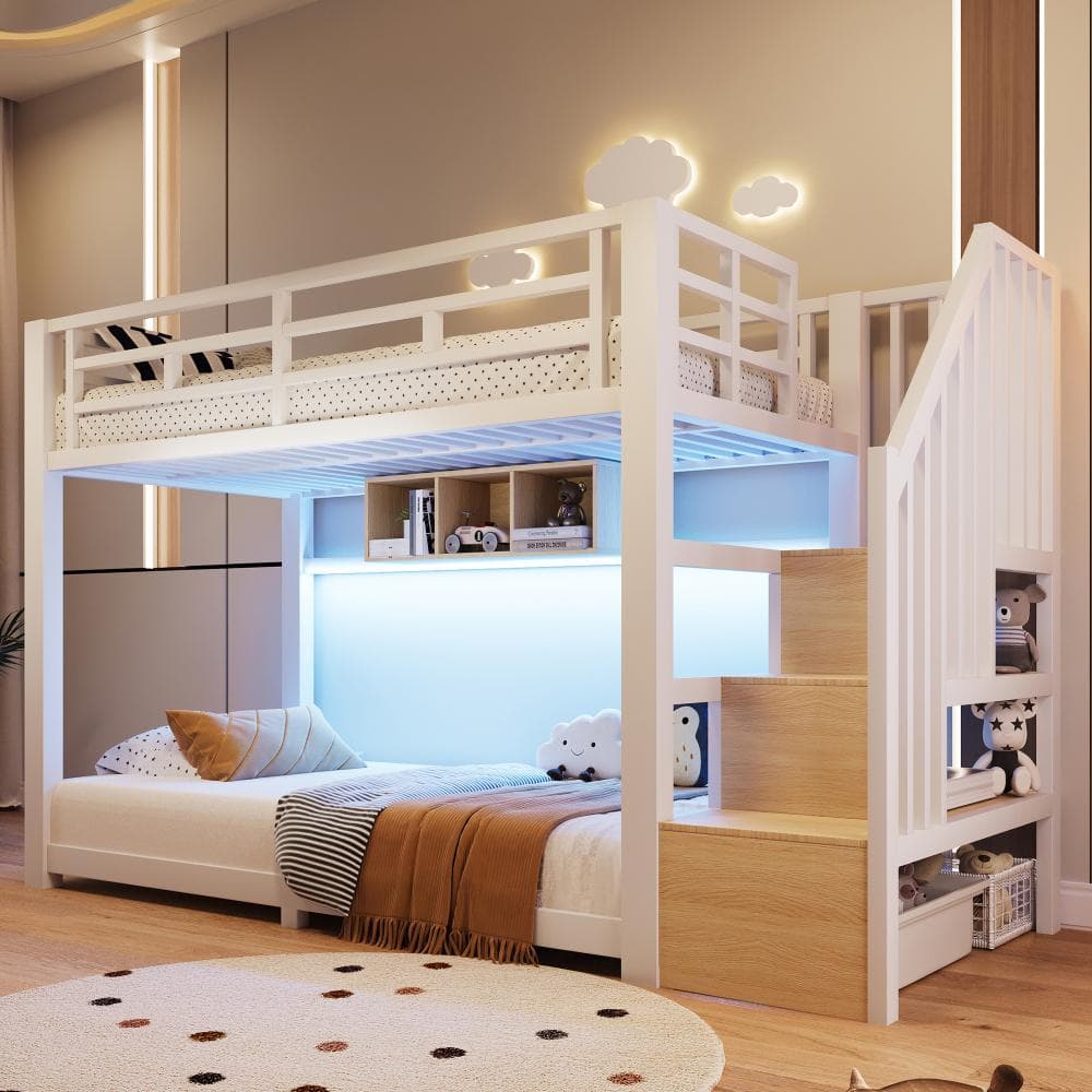 Metall-Etagenbett mit LED-Beleuchtung, Stauraumtreppe, drei Ablagefächern, Schutzgeländer und Stufe, ohne Matratze, 90 x 200 cm, Weiß