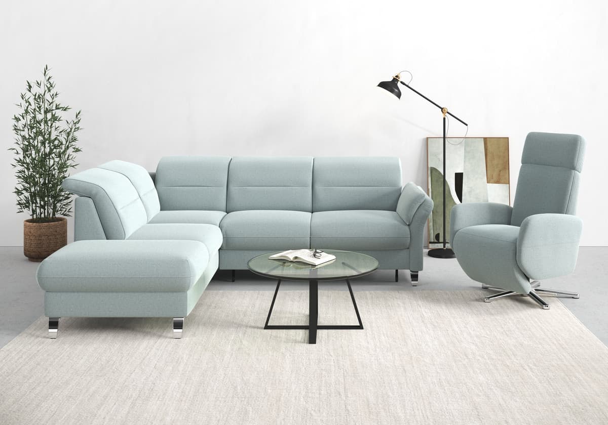 Ecksofa SIT & MORE "Grenoble L-Form mit Federkern", blau (aqua), B:247cm H:85cm T:222cm, Sofas, Ecksofa, wahlweise mit Schlaffunktion, Bettkasten, Arm- und Kopfteilverstellung