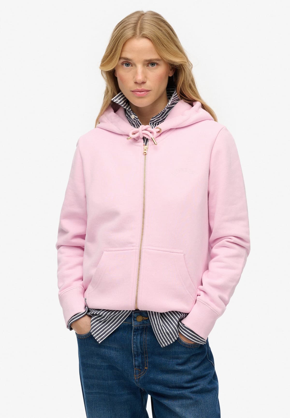 Kapuzensweatjacke SUPERDRY "Essential Logo Ziphood Hb", Damen, Gr. S, rosa (marigold, schwarz, optic), Sweatware, Obermaterial: 70% Baumwolle, 30% Polyester, unifarben, normal, Rundhals, Rippbündchen, Sweatjacken Kapuzensweatjacke, Mit Logostickerei marig