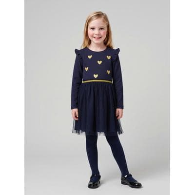 Tüllkleid BLUE SEVEN, Mädchen, Gr. 122, N-Gr, Langarm, Jersey, blau (nachtblau herzchen), Jersey, Obermaterial: 95% Baumwolle, 5% Elasthan, bedruckt, Midi, Rundhals, Kleider, Baumwollmischung, Glitzerdruck