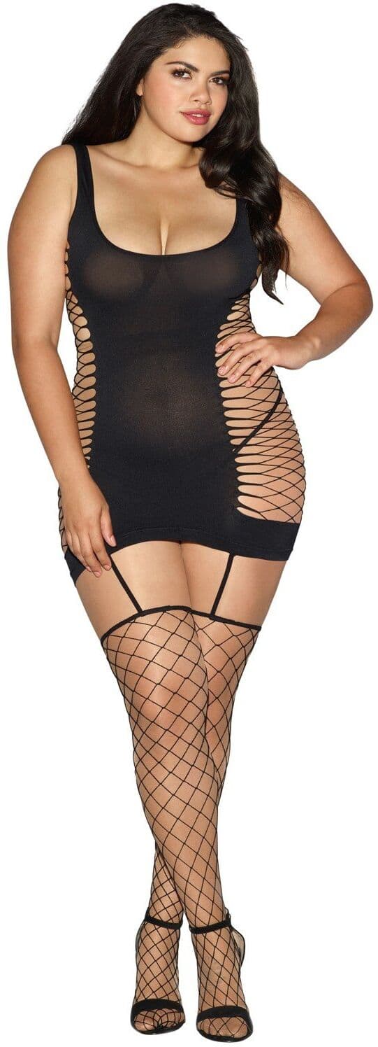 Dreamgirl Bodystocking noir ajouré grande taille style guêpière avec bas filet - DG0102XBLK
