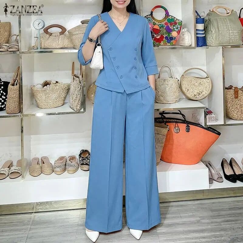 ZANZEA Women Two Pieces Pant Sets Fashion V Neck 3/4 Sleeve Blouse Wide Leg Trousers Casual OL Work Suit Solid Matching Sets