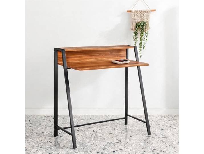 Bureau compact MDF finition noyer 84x45 cm avec étagère et passe-câble style scandinave pour chambre ou télétravail