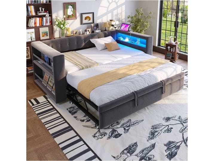 HOMVRA canapé-lit multifonction 90/180 x 190 cm avec LED prise intégrée rangement latéral gris foncé