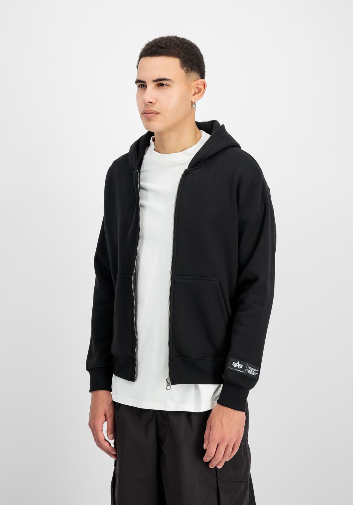 Hoodie ALPHA INDUSTRIES "Label Hoodie Zip Backprint", Herren, Gr. 3XL, schwarz, Obermaterial: 80% Baumwolle, 20% Polyester, regular fit, Sweatshirts Hoodie schwarz 3XL