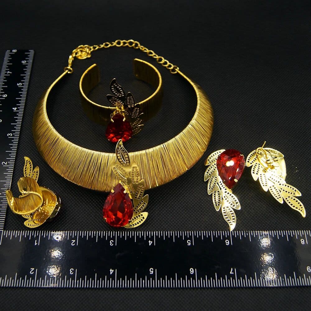 Classic Brazilian Gold Style Woman Jewelry Set Original Gold Plated 24K Necklace Luxury Ruby Pendant Earrings  Bracelet SYHOL