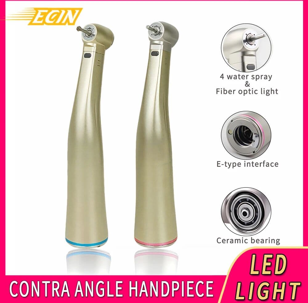 ECIN Dental 1:1 1:5 Fiber Optic LED Contra Angle Handpiece Ceramic Bearing Internal 4 Way Spray Push Button Red Ring Dentistry Tools