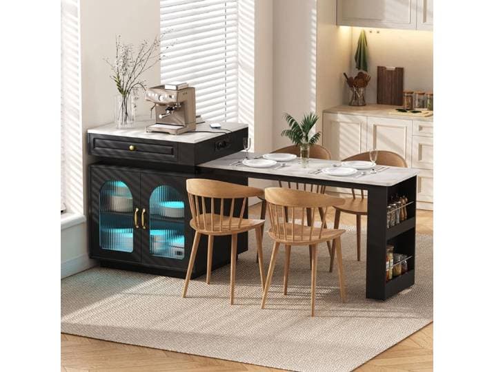 Îlot de cuisine roulant table extensible avec LED et multiprises table de bar buffet noir pour cuisine et salle à manger