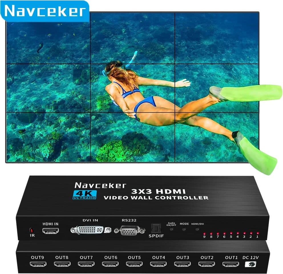 Navceker 4K HDMI Video Wall Controller 3x3 HDMI DVI Video Wall Processor 1X2 1X4 1X3 2X1 2X3 3X2 4X2 Multi Video Screen Processor Splicer