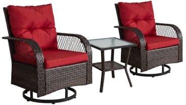 Garvee 3 Piece Outdoor Wicker Swivel Chair Set with Table Blue Red Beige