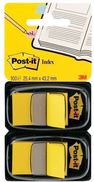 POST-IT Indexflikar med hållare, medium 25,4 x 43,2 mm, gula, 2 x 50 dubbelförpackning