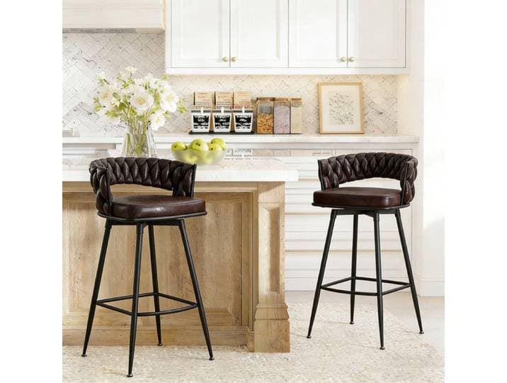 Tabouret de bar pivotant - DYHOME - Ensemble de 2 - Dossier et repose-pieds tressés - Simili cuir PU