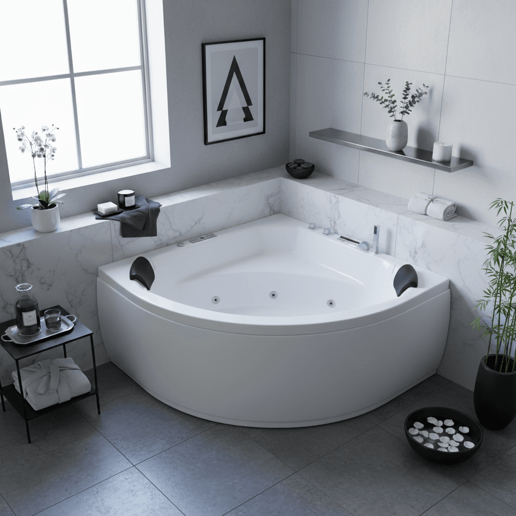 Indoor Whirlpool Eckbadewanne 155x155 cm, 25 Massagedüsen Heizung LED, Einbau für 1 Person, Glasfaser-Acryl, Caribia APOLLO Deluxe, Made in Germany