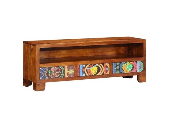 GHVBNMF TV-Schrank Mehrfarbig 110x30x40 cm Massivholz Akazie Handbemaltes Unikat für Wohnzimmer und Schlafzimmer mit 3 praktischen Schubladen und robuster Ablagefläche.