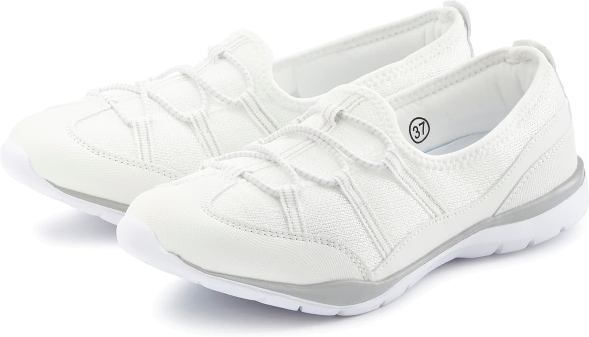 Sneaker LASCANA "Halbschuh, Freizeitschuh, Slipper, Slip-On-Sneaker", Damen, Gr. 43, Textil, grau (weiß, grau), Obermaterial: 50% Lederimitat, 50% Textilmaterial. Decksohle: 100% Textilmaterial. Futter: 100% Textilmaterial. Laufsohle: 100% Synthetik, Stru