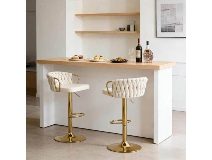 Maisentiel Lot de 2 tabourets de bar en velours beige dossier accoudoirs réglables en hauteur pivotants