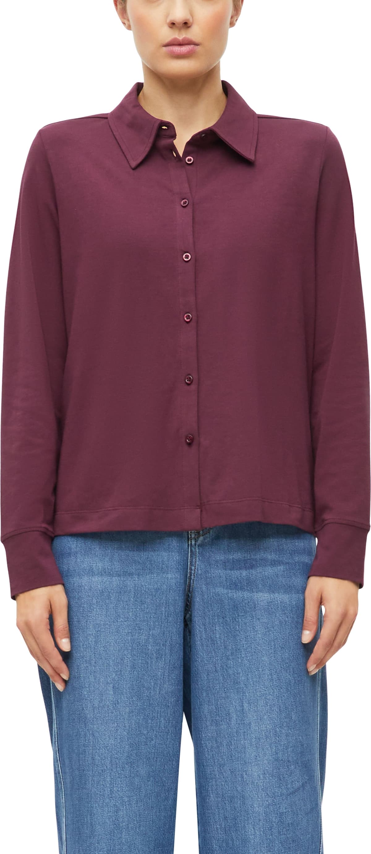 Langarmbluse S.OLIVER, Damen, Gr. 42, burgundy, Jersey, Obermaterial: 95% Baumwolle, 5% Elasthan, unifarben, normal hüftbedeckend, Rundhals, Bündchen, Blusen Langarmbluse, mit Hemdblusenkragen und Knopfleiste / Stretch burgundy 42